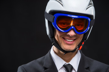 smiling man in sportive hamlet and glass mask.