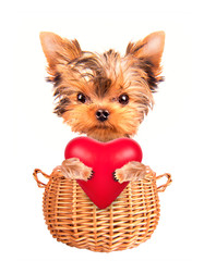 valentine dog  in a basket with red heart
