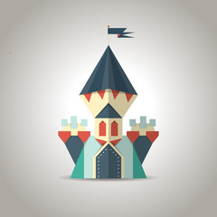 Cute origami castle from folded paper. Icon.