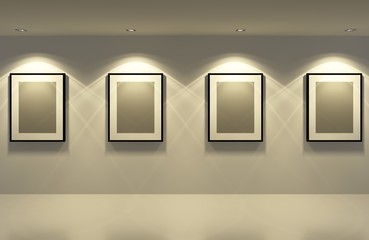 picture frame on the white wall with white floor at night,3d