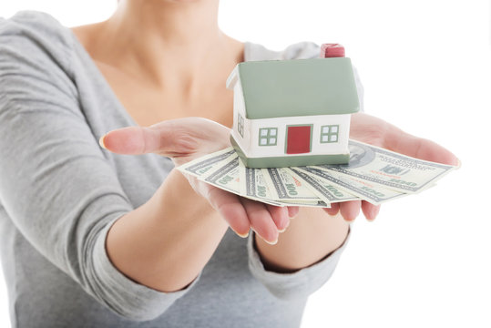 Young casual woman with money and house.