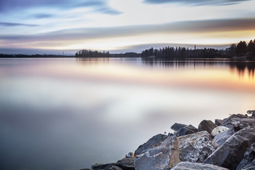 Beautiful lake coast during sunrise