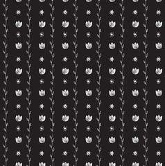 Seamless folk style tulip pattern, black and white