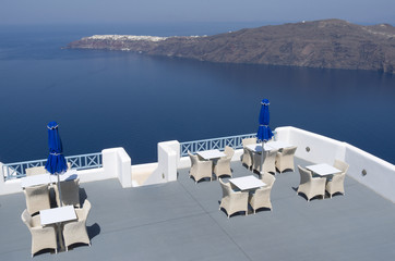 Terrace of a resort in Oia on Santorini island in Greece.