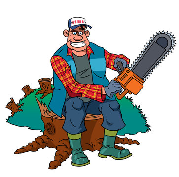 Lumberjack worker with chainsaw at forest