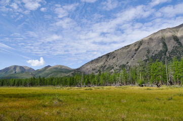 Grassy valley along the mountain ridge.
