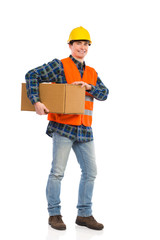 Construction worker carrying package. - obrazy, fototapety, plakaty