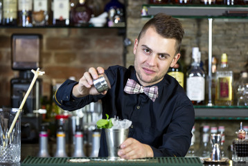 young man working as a bartender in a nightclub bar