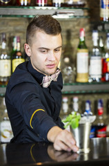 young man working as a bartender in a nightclub bar