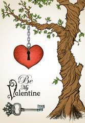 Valentine card with a heart hanging on tree and antique key