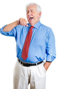 Elderly old man yawning tired sleepy isolated white background  