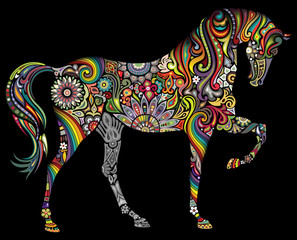 A horse and a rainbow on a black background.