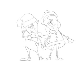 Contour of boy and girl in love holding hands on isolated white