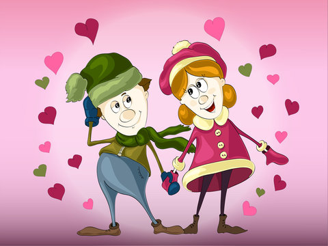 Boy and girl in love among hearts on pink background
