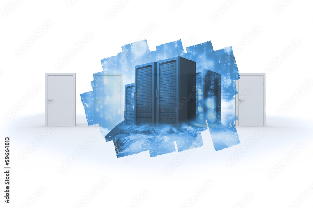 Poster abstract screen in room showing server towers