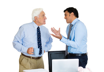 Conflict at work. Business men, generations. Subordination