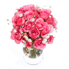 Bouquet of Pink Roses in vase isolated on white background.