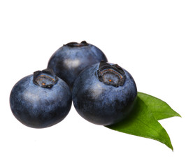 Blueberries with leaves isolated on white background