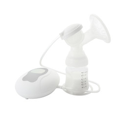 Electric breast pump kit on white background.