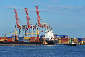 Fototapeta premium Container stack and ship under crane bridge