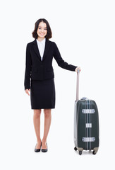 Cheerful businesswomen with travel bag