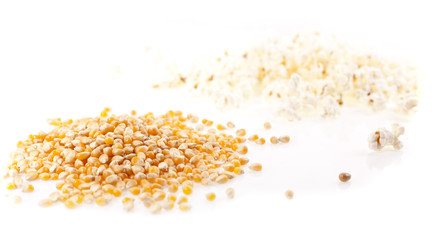 Seed corn and pop corn on a white background