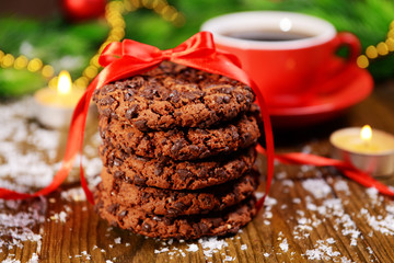 Delicious Christmas cookies in jar on table close-up