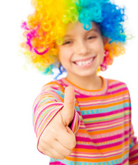 little girl in clown wig