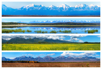 Collage. Four panoramas of mountain landscapes. Seasons