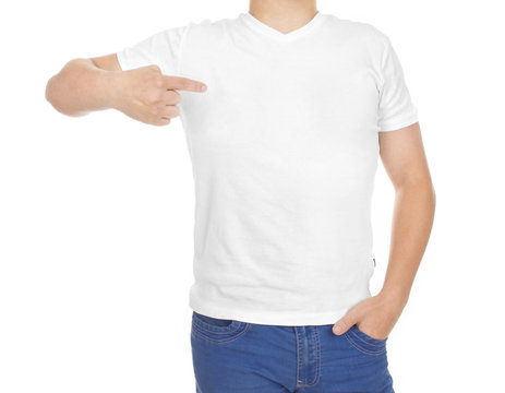 White t-shirt on a young man isolated, front