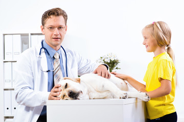 girl holds a dog in a veterinary clinic