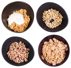 set of top view cereal in dark bowl