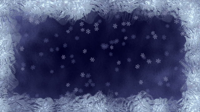 Freeze frame screen with a background of falling snowflakes