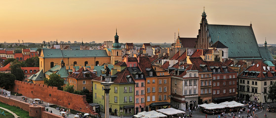 The old town at sunset. Warsaw, Poland -Stitched Panorama - obrazy, fototapety, plakaty