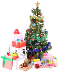Fototapeta na wymiar Decorated Christmas tree with gifts isolated on white