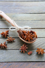 Stars anise on wooden spoon