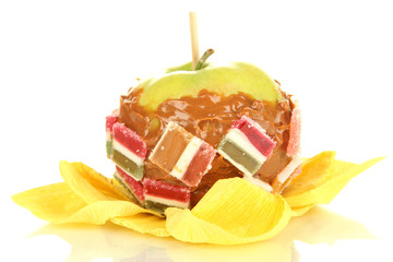 Candied apple on stick isolated on white