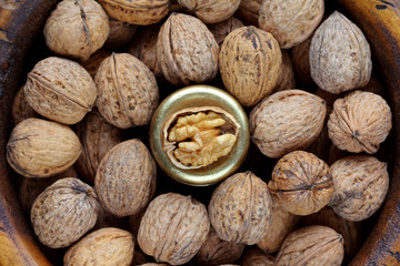 Closeup photo of Walnuts in a wooden bowl