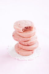 Homemade strawberry cookies on pink background, selective focus