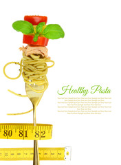 Diet pasta with tuna and vegetables isolated on white