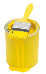 Gelbe Farbdose mit Pinsel