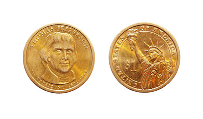 Golden one dollar coin isolated on white