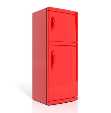 3D render of large red refrigerator isolated one white