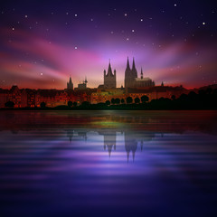 Obraz premium abstract background with silhouette of koln and sunset