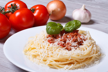 pasta with bolognese sauce and parmesan cheese