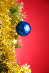 Close-up photo with decorations of christmas tree.