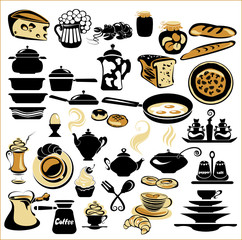 Set of different food and tableware