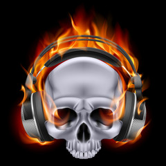 Flaming skull in headphones.