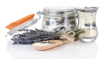 Poster Jar of lavender sugar and fresh lavender flowers isolated © Africa Studio