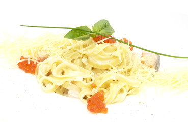 spaghetti with eggs and cheese decorated with mint
